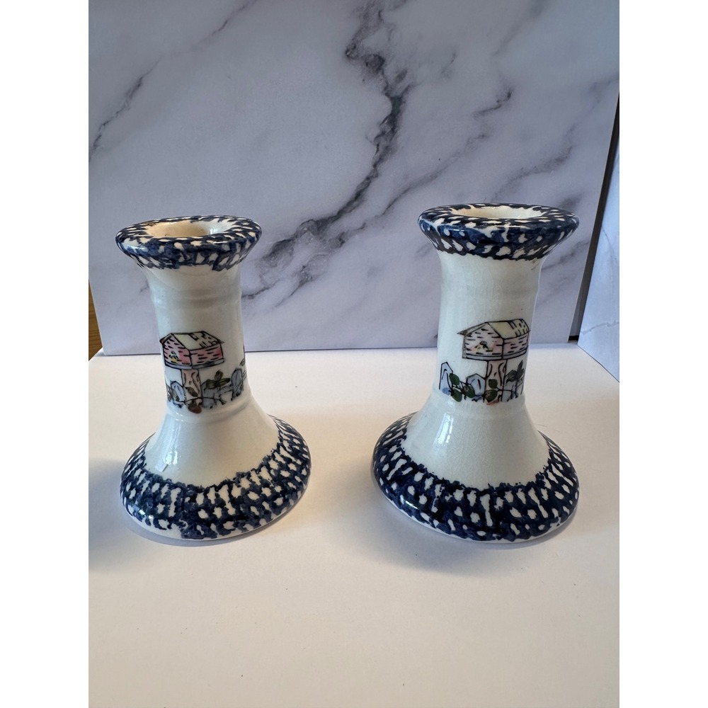 Pair of Hand Painted Ceramic Birdhouse Candlestick Holders Blue White 4"